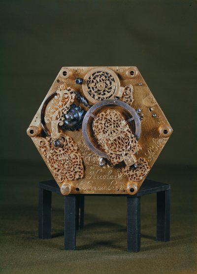 Underneath of a hexagonal table clock movement by Nicolas Lemaindre, 1619 by French School